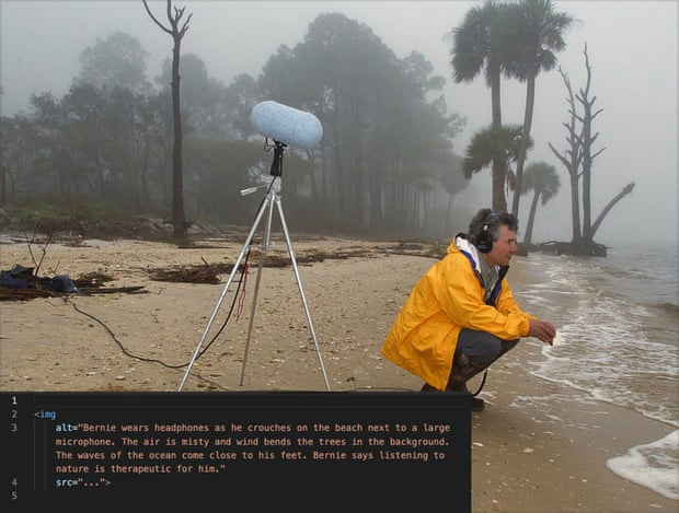 El equipo trabajó para crear etiquetas alternativas más narrativas y mejorar la experiencia de la historia, como esta que describe la escena de la grabación de Bernie Krause. Fotografía: The Guardian / Google / RNB